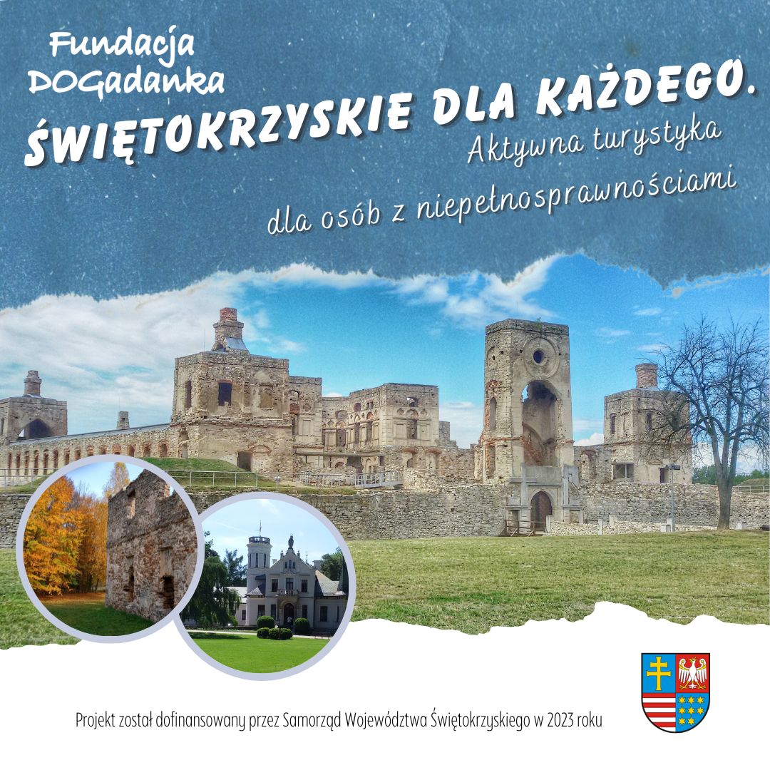 Zdjęcie przedstawiające zamek w Krzyżtoporze na dole po lewej w kołach dworek Sienkiewicza i ruiny huty w Samsonowie TekstŚwiętokrzyskie dla każdego aktywna turystyka dla osób z niepełnosprawnościami