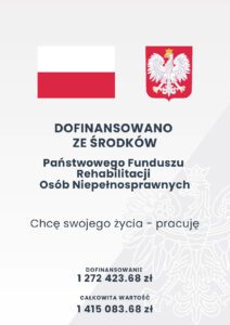 Plakat z flagą polski u góry po lewej i godłem po prawej poniżej tekst Dofinansowano ze środków Państwowego Funduszu Rehabilitacji Osób Niepełnosprawnych Chcę swojego życia - pracuję